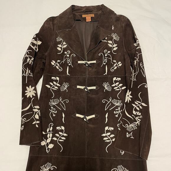 Vintage Arden B Brown Suede Leather Coat Ivory Embroidery Women L (runs small) - Picture 2 of 8